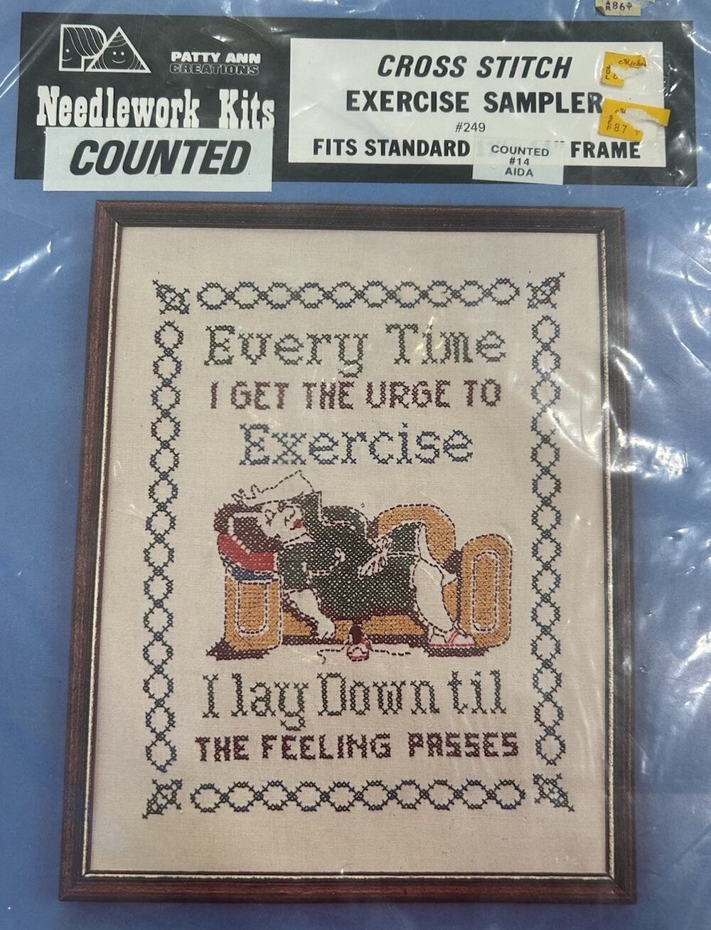 Vtg Patty Ann Counted Cross Stitch Kit #14 “Every Time I Get Urge To Exercise”
